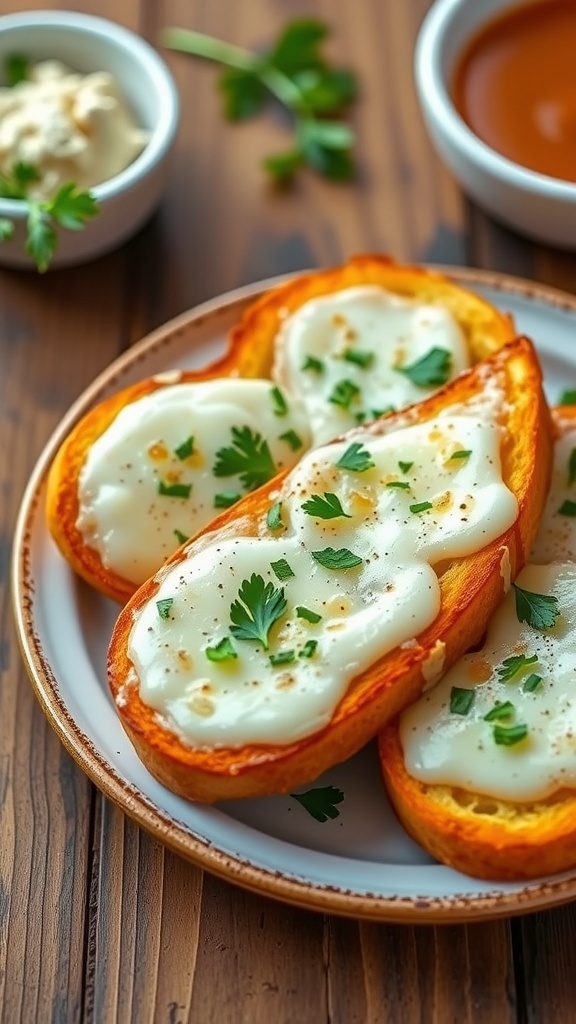Korean Garlic Butter Toast Recipe Golden Korean garlic butter toast topped with melted cheese and parsley on a rustic table.